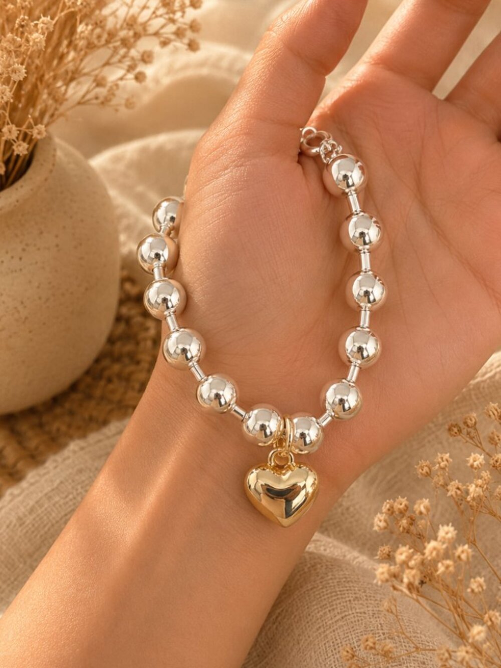 925 Sterling Silver Chunky Silver Heart Beaded Bracelet Statement Bead Bracelet